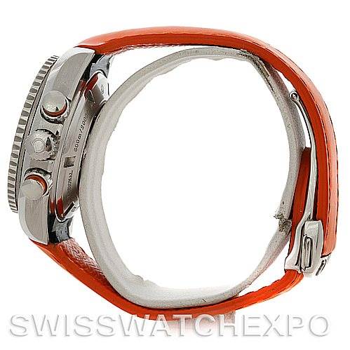 Side view of the Omega Planet Ocean 222.32.38.50.01.003 Women
s Stainless Steel Black Dial 222.32.38.50.01.003 Women
s Stainless Steel Black Dial watch showing its casing, crown, and orange strap.