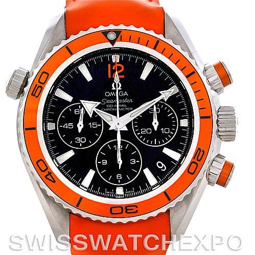 The image shows the front view of an Omega Planet Ocean model watch, featuring an orange bezel and matching strap.