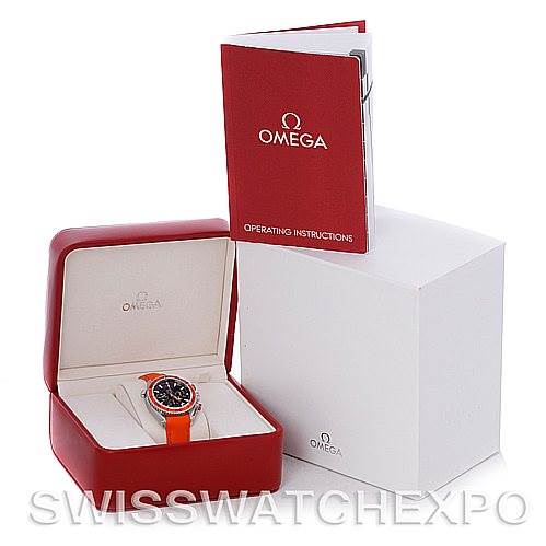 This image shows the Omega Planet Ocean 222.32.38.50.01.003 Women
s Stainless Steel Black Dial 222.32.38.50.01.003 Women
s Stainless Steel Black Dial watch in its open red box along with the operating instructions booklet and white outer box.