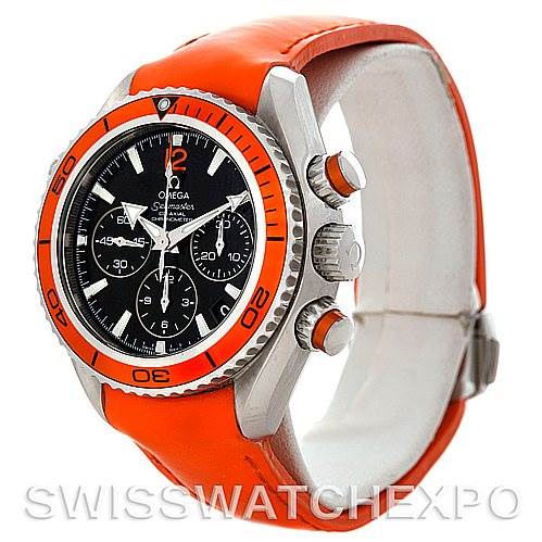 The image shows an Omega Planet Ocean 222.32.38.50.01.003 Women
s Stainless Steel Black Dial 222.32.38.50.01.003 Women
s Stainless Steel Black Dial watch at an angle highlighting the orange bezel, chronograph dials, and orange strap.