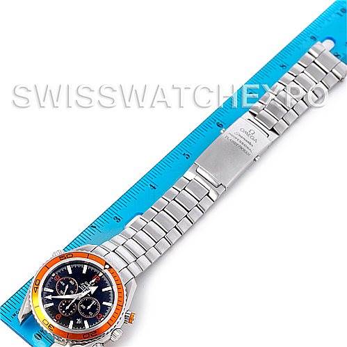 The Omega Planet Ocean 2218.50.00 Men's Stainless Steel Black Dial 2218.50.00 Men's Stainless Steel Black Dial watch is shown from a top view, featuring the full bracelet, bezel, and part of the face.