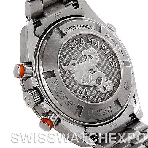 The image shows the back case and part of the bracelet of the Omega Planet Ocean 2218.50.00 Men's Stainless Steel Black Dial 2218.50.00 Men's Stainless Steel Black Dial Seamaster Professional watch.