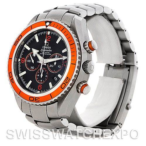 The image shows an Omega Planet Ocean 2218.50.00 Men's Stainless Steel Black Dial 2218.50.00 Men's Stainless Steel Black Dial watch from an angled side view, highlighting the bezel, dial, crown, pushers, and bracelet.