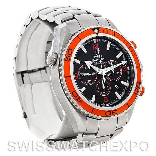 This image shows a side and angled view of the Omega Planet Ocean 2218.50.00 Men's Stainless Steel Black Dial 2218.50.00 Men's Stainless Steel Black Dial watch, highlighting its orange bezel and metal bracelet.