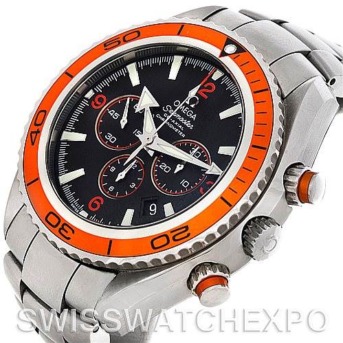 This image shows an angled side view of the Omega Planet Ocean 2218.50.00 Men's Stainless Steel Black Dial 2218.50.00 Men's Stainless Steel Black Dial model, displaying the bezel, crown, pushers, and part of the bracelet.