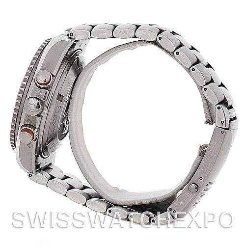 This image shows a side view of the Omega Planet Ocean 2218.50.00 Men's Stainless Steel Black Dial 2218.50.00 Men's Stainless Steel Black Dial watch, highlighting its bracelet and chronograph buttons.