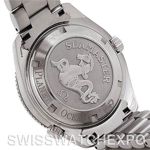 This image shows the back case of an Omega Planet Ocean 2201.50.00 Men
s Stainless Steel Black Dial 2201.50.00 Men
s Stainless Steel Black Dial watch, including its bracelet and engraved details.