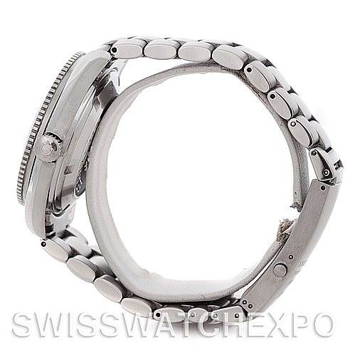 The image shows a side view of the Omega Planet Ocean 2201.50.00 Men
s Stainless Steel Black Dial 2201.50.00 Men
s Stainless Steel Black Dial watch, highlighting its stainless steel bracelet, crown, and profile of the case.