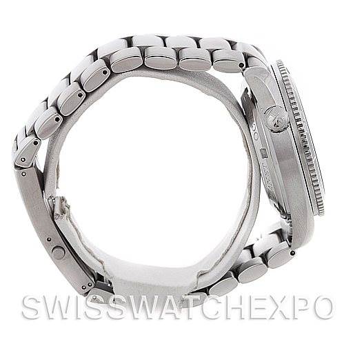 This side view of the Omega Planet Ocean 2201.50.00 Men
s Stainless Steel Black Dial 2201.50.00 Men
s Stainless Steel Black Dial watch highlights its metal bracelet, side casing, and crown.