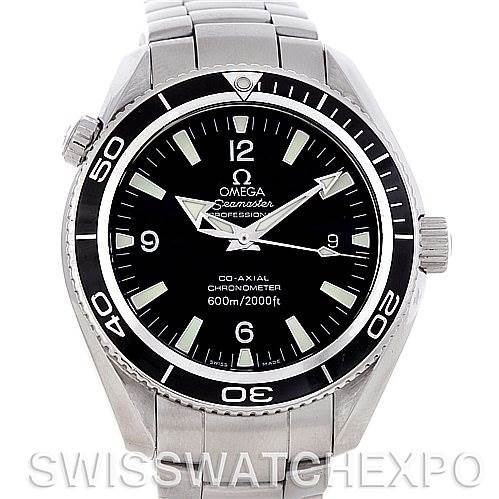 The image shows a front view of the Omega Planet Ocean 2201.50.00 Men
s Stainless Steel Black Dial 2201.50.00 Men
s Stainless Steel Black Dial model watch, highlighting the dial, bezel, and bracelet.