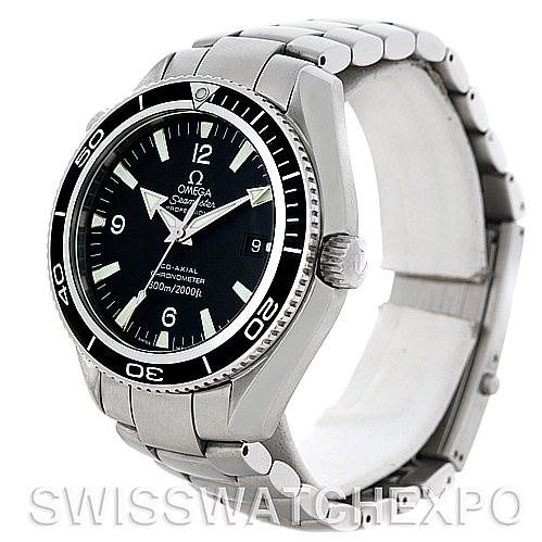 The image shows an Omega Planet Ocean 2201.50.00 Men
s Stainless Steel Black Dial 2201.50.00 Men
s Stainless Steel Black Dial watch at a slightly angled front view, displaying the face, bezel, crown, and part of the bracelet.