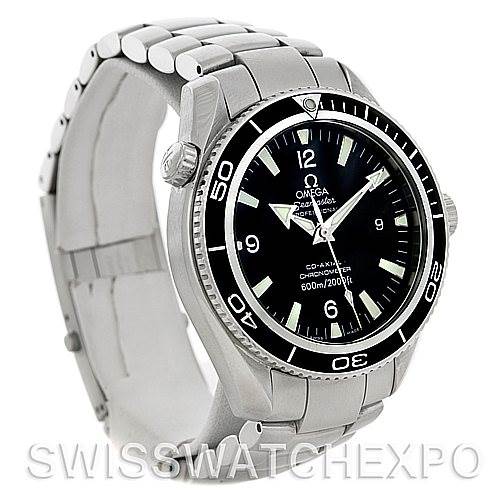 The Omega Planet Ocean 2201.50.00 Men
s Stainless Steel Black Dial 2201.50.00 Men
s Stainless Steel Black Dial watch is shown at an angle displaying its face, bezel, crown, and part of the bracelet.
