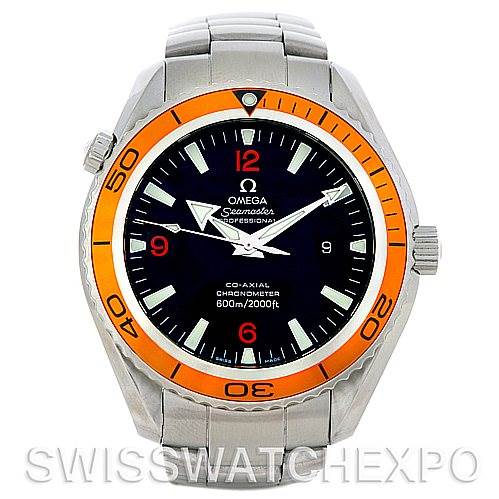 The image shows a front view of an Omega Planet Ocean 2208.50.00 Men's Stainless Steel Black Dial 2208.50.00 Men's Stainless Steel Black Dial watch with a stainless steel bracelet and an orange bezel.