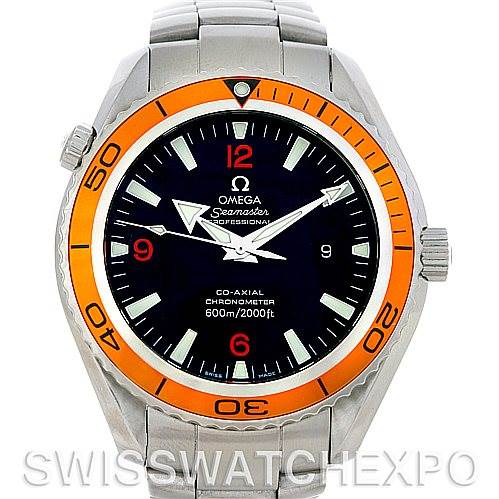 The image shows the front view of the Omega Planet Ocean 2208.50.00 Men's Stainless Steel Black Dial 2208.50.00 Men's Stainless Steel Black Dial watch, featuring its dial, bezel, and bracelet.