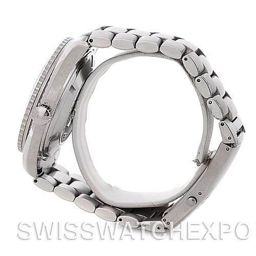 The image displays a side view of the Omega Planet Ocean 2208.50.00 Men's Stainless Steel Black Dial 2208.50.00 Men's Stainless Steel Black Dial watch, showing the bracelet, crown, and case profile.