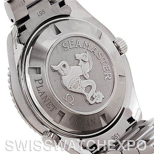 This image shows the stainless steel case back of an Omega Planet Ocean 2208.50.00 Men's Stainless Steel Black Dial 2208.50.00 Men's Stainless Steel Black Dial Seamaster watch.