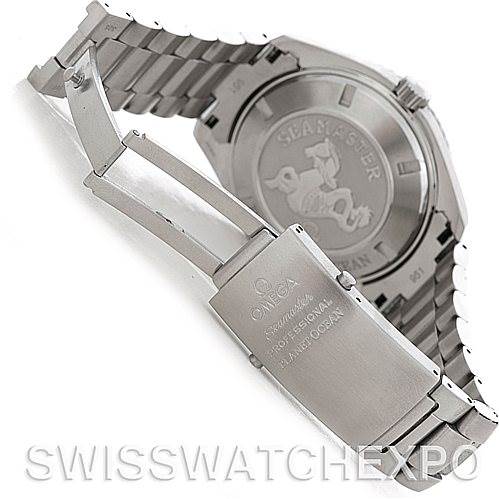 The image shows the back and clasp of the Omega Planet Ocean 2208.50.00 Men's Stainless Steel Black Dial 2208.50.00 Men's Stainless Steel Black Dial watch, highlighting the bracelet and engraved case back.