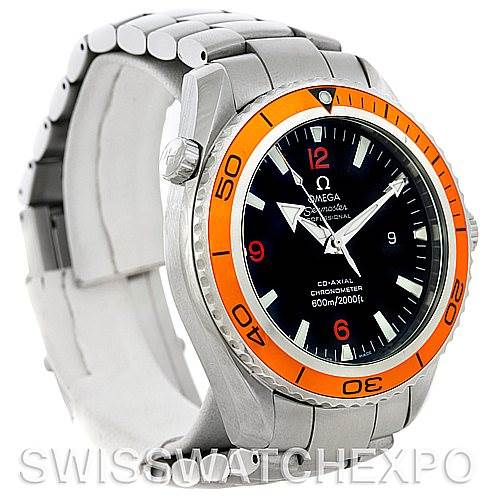 The image shows an angled view of the Omega Planet Ocean 2208.50.00 Men's Stainless Steel Black Dial 2208.50.00 Men's Stainless Steel Black Dial watch, highlighting its orange bezel and stainless steel bracelet.