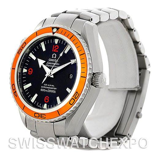 The Omega Planet Ocean 2208.50.00 Men's Stainless Steel Black Dial 2208.50.00 Men's Stainless Steel Black Dial watch is shown at an angle highlighting the orange bezel, black dial, stainless steel case, and bracelet.