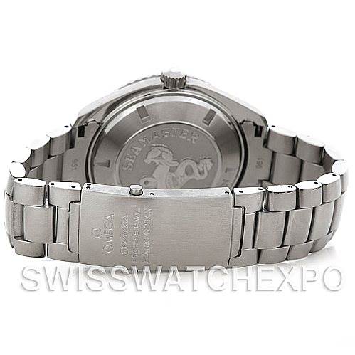 The image shows the back view of an Omega Planet Ocean 2208.50.00 Men's Stainless Steel Black Dial 2208.50.00 Men's Stainless Steel Black Dial watch, highlighting the case back and stainless steel bracelet.