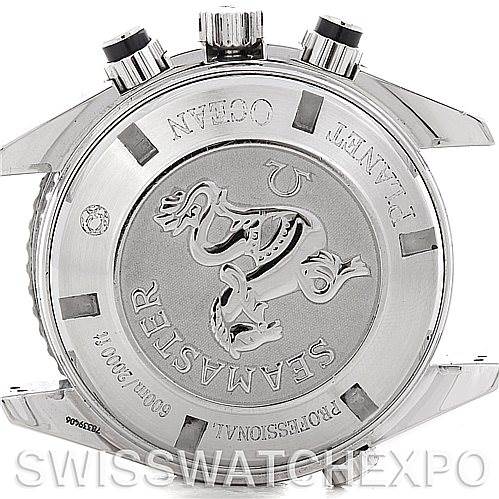 This image shows the case back of the Omega Planet Ocean 2210.50.00 Men
s Stainless Steel Black Dial 2210.50.00 Men
s Stainless Steel Black Dial watch, featuring the Seamasters logo and some inscriptions.
