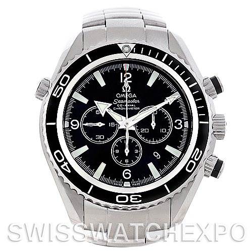 The image shows a front view of an Omega Planet Ocean 2210.50.00 Men
s Stainless Steel Black Dial 2210.50.00 Men
s Stainless Steel Black Dial watch, highlighting the face, bezel, and pushers.