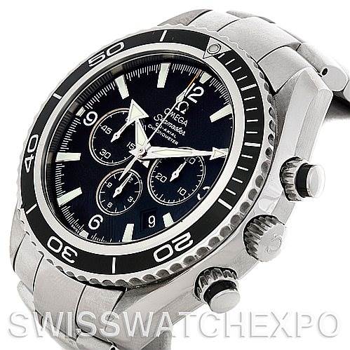 The image shows the Omega Planet Ocean 2210.50.00 Men
s Stainless Steel Black Dial 2210.50.00 Men
s Stainless Steel Black Dial watch at an angle highlighting the face, bezel, crown, and chronograph buttons.