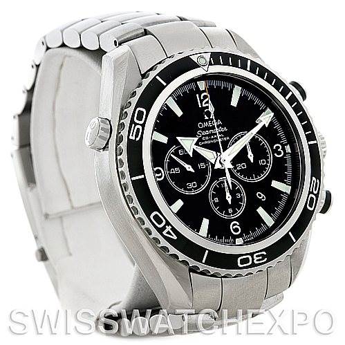 The Omega Planet Ocean 2210.50.00 Men
s Stainless Steel Black Dial 2210.50.00 Men
s Stainless Steel Black Dial watch is shown at a three-quarter angle, highlighting the face, bezel, and band.