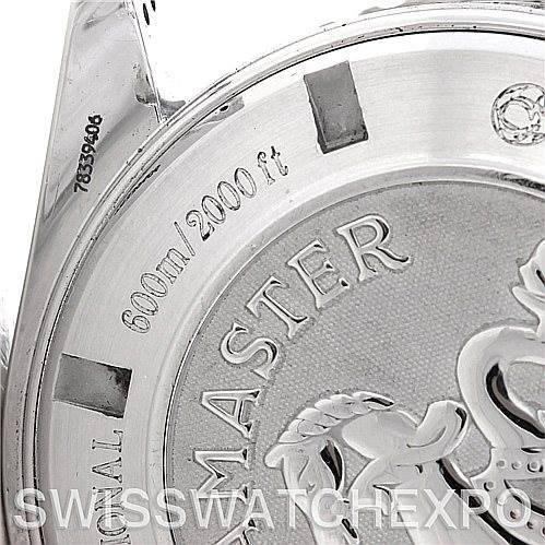 The image shows the back case of the Omega Planet Ocean 2210.50.00 Men
s Stainless Steel Black Dial 2210.50.00 Men
s Stainless Steel Black Dial watch, highlighting its engravings and details.