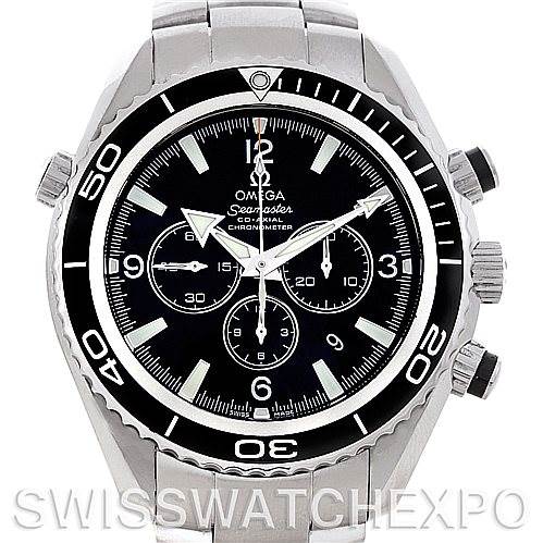 The image shows a front view of the Omega Planet Ocean 2210.50.00 Men
s Stainless Steel Black Dial 2210.50.00 Men
s Stainless Steel Black Dial model watch, highlighting the dial, bezel, and chronograph pushers.