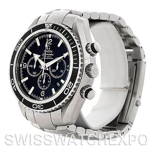 This Omega Planet Ocean 2210.50.00 Men
s Stainless Steel Black Dial 2210.50.00 Men
s Stainless Steel Black Dial watch is shown at an angle highlighting the face, case, bezel, and metal bracelet.