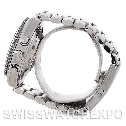 The watch shown is an Omega Planet Ocean 2210.50.00 Men
s Stainless Steel Black Dial 2210.50.00 Men
s Stainless Steel Black Dial model, viewed from the side, highlighting its case, bezel, crown, and bracelet.