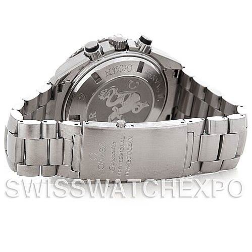 This image shows the back case and bracelet of an Omega Planet Ocean 2210.50.00 Men
s Stainless Steel Black Dial 2210.50.00 Men
s Stainless Steel Black Dial watch, highlighting the clasp and engraved case back.