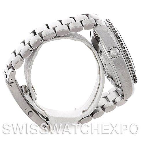 This image shows a side view of an Omega Planet Ocean 2210.50.00 Men
s Stainless Steel Black Dial 2210.50.00 Men
s Stainless Steel Black Dial watch, focusing on the bracelet and crown.