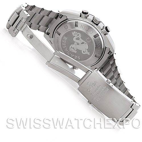 This image of the Omega Planet Ocean 2210.50.00 Men
s Stainless Steel Black Dial 2210.50.00 Men
s Stainless Steel Black Dial watch shows the back case, bracelet, and deployment clasp from an angle highlighting these parts.