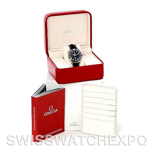 The Omega Planet Ocean 2901.50.81 Men
s Stainless Steel Black Dial 2901.50.81 Men
s Stainless Steel Black Dial watch is shown in its open red case, alongside the operating instructions and a white cardholder.