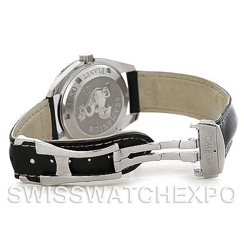 The image displays the back view of an Omega Planet Ocean 2901.50.81 Men
s Stainless Steel Black Dial 2901.50.81 Men
s Stainless Steel Black Dial watch, highlighting its clasp, black leather strap, and the case back.