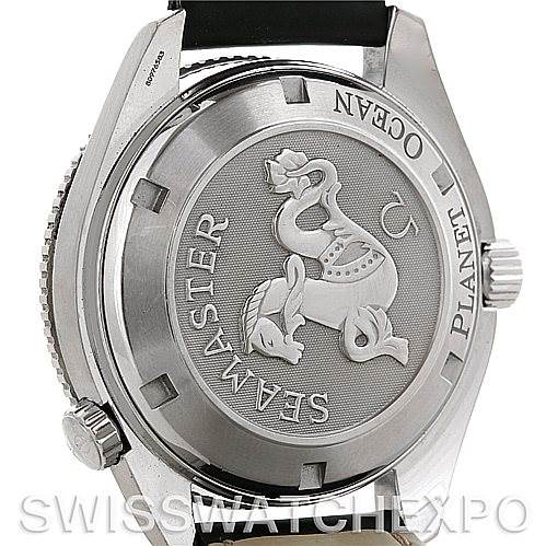 The image shows the case back of the Omega Planet Ocean 2901.50.81 Men
s Stainless Steel Black Dial 2901.50.81 Men
s Stainless Steel Black Dial watch, highlighting its "Seamaster" engraving and emblem.