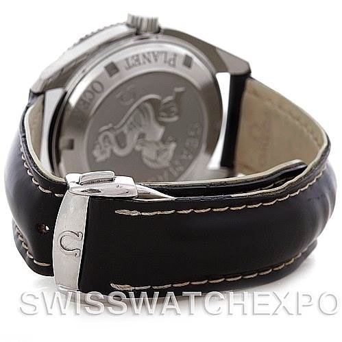 The image shows the back case and clasp of the Omega Planet Ocean 2901.50.81 Men
s Stainless Steel Black Dial 2901.50.81 Men
s Stainless Steel Black Dial watch at an angle, highlighting the leather strap and logo.