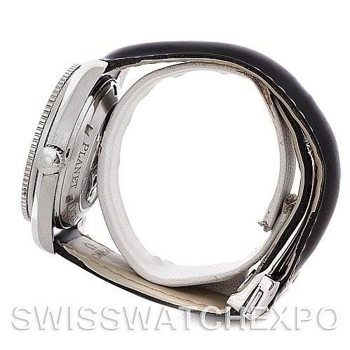 The image shows a side view of the Omega Planet Ocean 2901.50.81 Men
s Stainless Steel Black Dial 2901.50.81 Men
s Stainless Steel Black Dial watch, displaying its bezel, crown, and part of the leather strap.