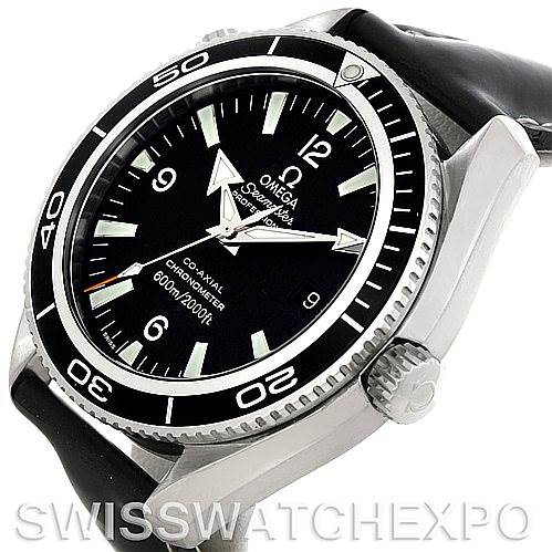 The image shows a side and front angle of the Omega Planet Ocean 2901.50.81 Men
s Stainless Steel Black Dial 2901.50.81 Men
s Stainless Steel Black Dial watch, highlighting the bezel, crown, and part of the strap.