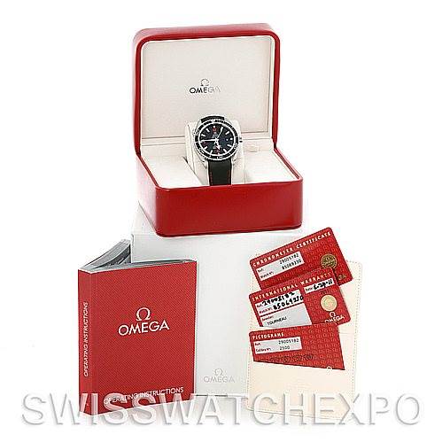 The Omega Planet Ocean 2900.51.82 Men's Stainless Steel Black Dial 2900.51.82 Men's Stainless Steel Black Dial watch is shown in its box, accompanied by documentation, cards, and the instruction manual.