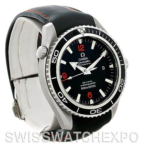 The image shows an Omega Planet Ocean 2900.51.82 Men's Stainless Steel Black Dial 2900.51.82 Men's Stainless Steel Black Dial watch angled from the front left, highlighting the bezel, crown, face, and a portion of the strap.