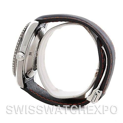 The image shows the side view of an Omega Planet Ocean 2900.51.82 Men's Stainless Steel Black Dial 2900.51.82 Men's Stainless Steel Black Dial watch, highlighting the case, crown, and strap with visible stitching.