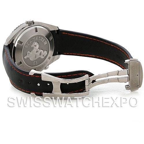 The image shows the back view of an Omega Planet Ocean 2900.51.82 Men's Stainless Steel Black Dial 2900.51.82 Men's Stainless Steel Black Dial watch, focusing on the case back, leather strap, and deployment clasp.