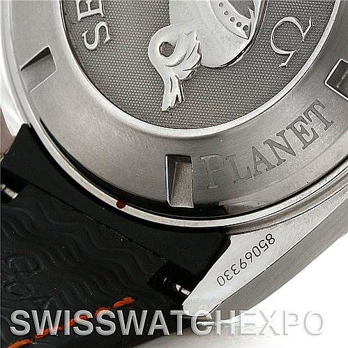 This close-up image shows the case back of an Omega Planet Ocean 2900.51.82 Men's Stainless Steel Black Dial 2900.51.82 Men's Stainless Steel Black Dial watch and part of its strap.