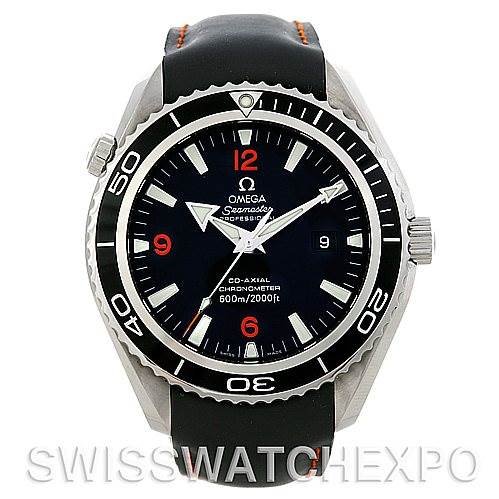 The image shows a front view of an Omega Planet Ocean 2900.51.82 Men's Stainless Steel Black Dial 2900.51.82 Men's Stainless Steel Black Dial watch, highlighting the dial, bezel, and strap.