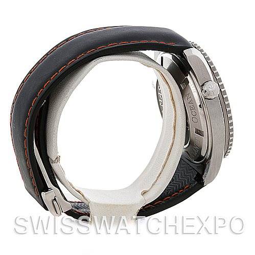 The image shows the side view of the Omega Planet Ocean 2900.51.82 Men's Stainless Steel Black Dial 2900.51.82 Men's Stainless Steel Black Dial watch, highlighting the crown, case, and leather strap.