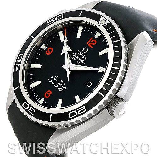 This Omega Planet Ocean 2900.51.82 Men's Stainless Steel Black Dial 2900.51.82 Men's Stainless Steel Black Dial watch is shown at an angled close-up, highlighting its bezel, dial, crown, and strap.