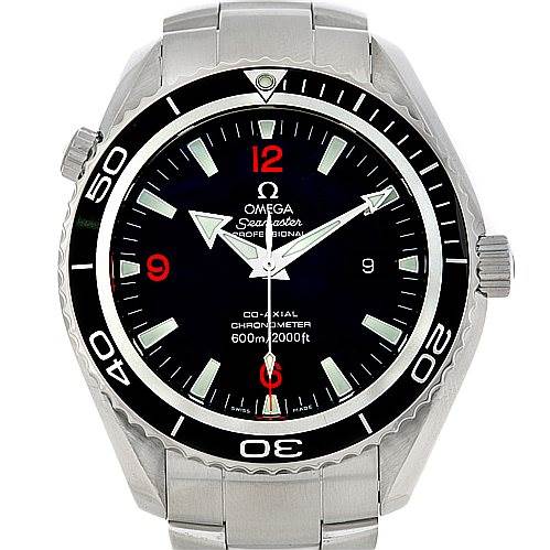 This image shows a front view of the Omega Planet Ocean 2200.51.00 Men's Stainless Steel Black Dial 2200.51.00 Men's Stainless Steel Black Dial watch, displaying the dial, bezel, crown, and part of the bracelet.